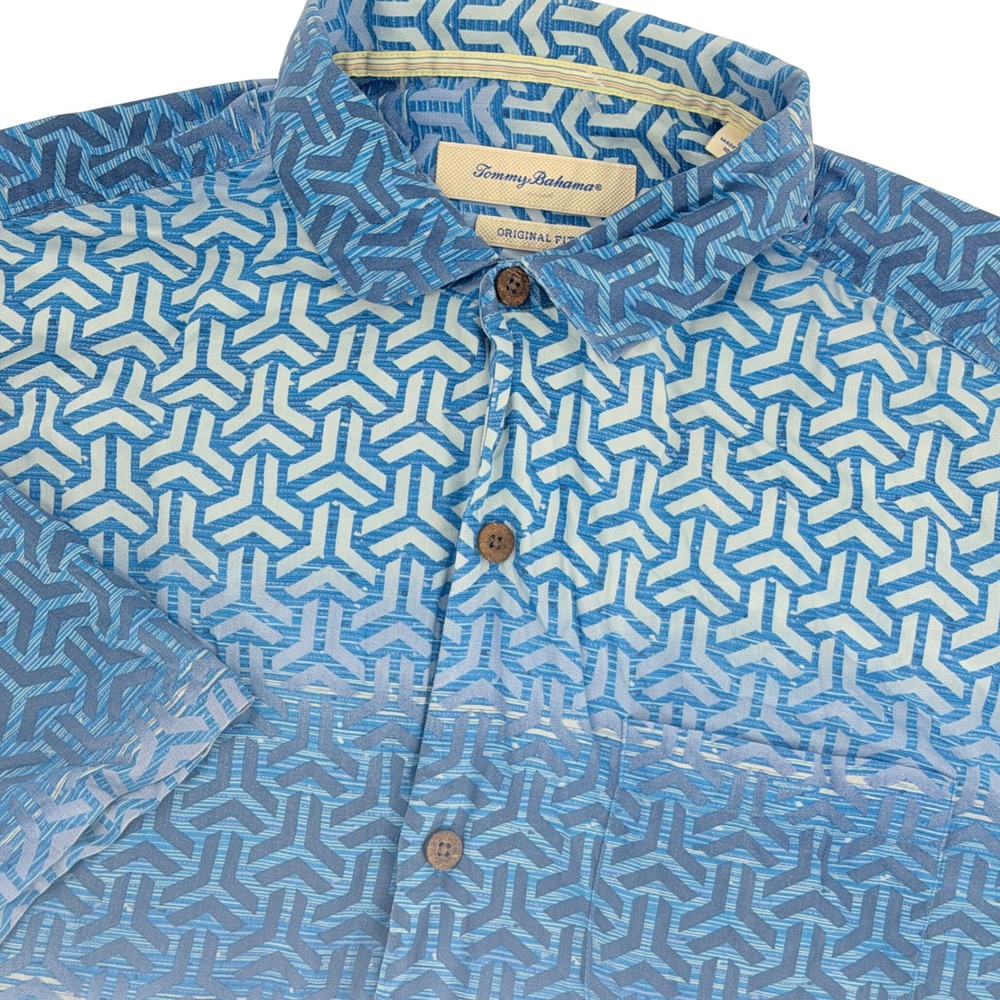 Tommy Bahama Button Down Camp Shirt Mens Large Blue Geometric Silk Short Sleeve